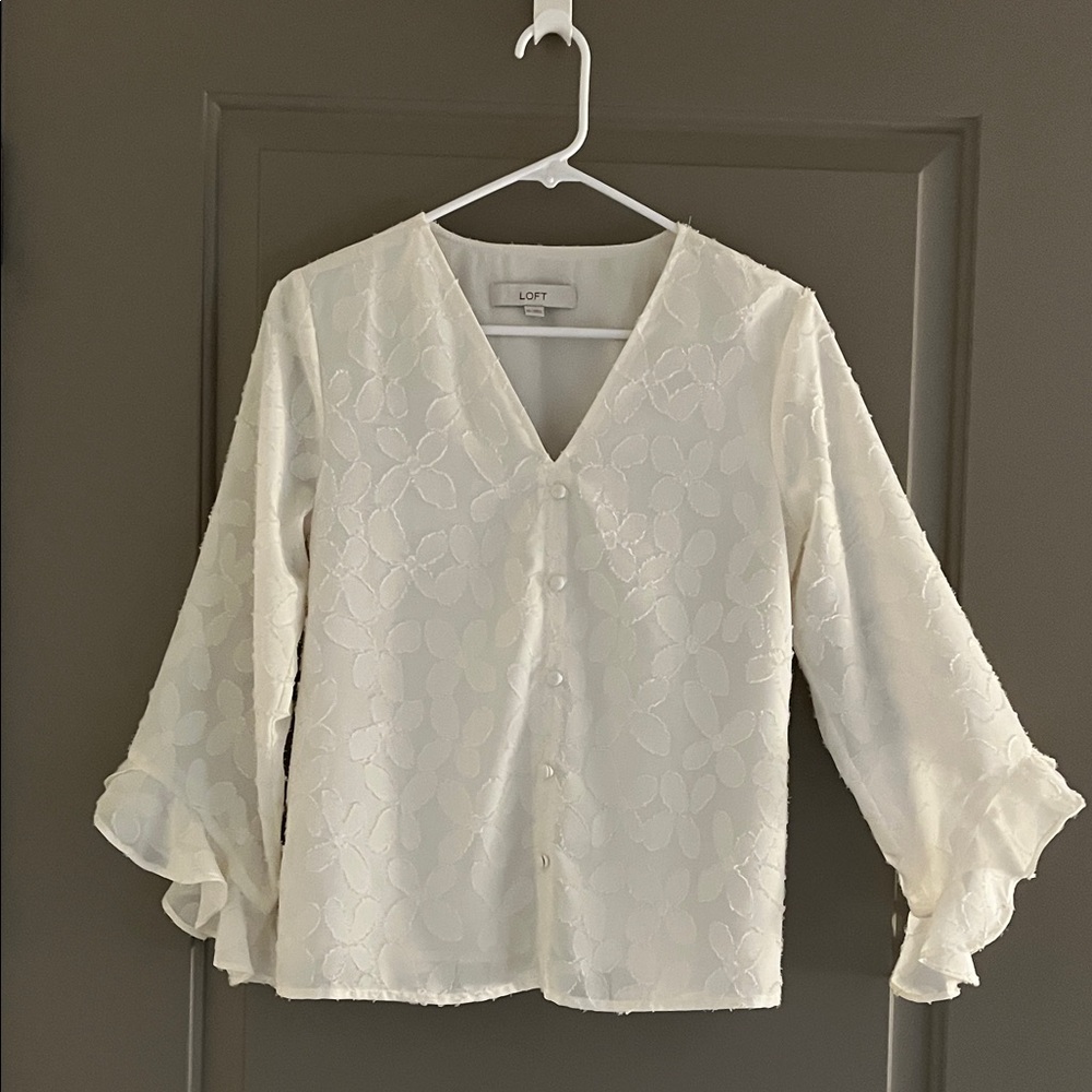 LOFT Cream Textured Blouse with ruffle sleeve